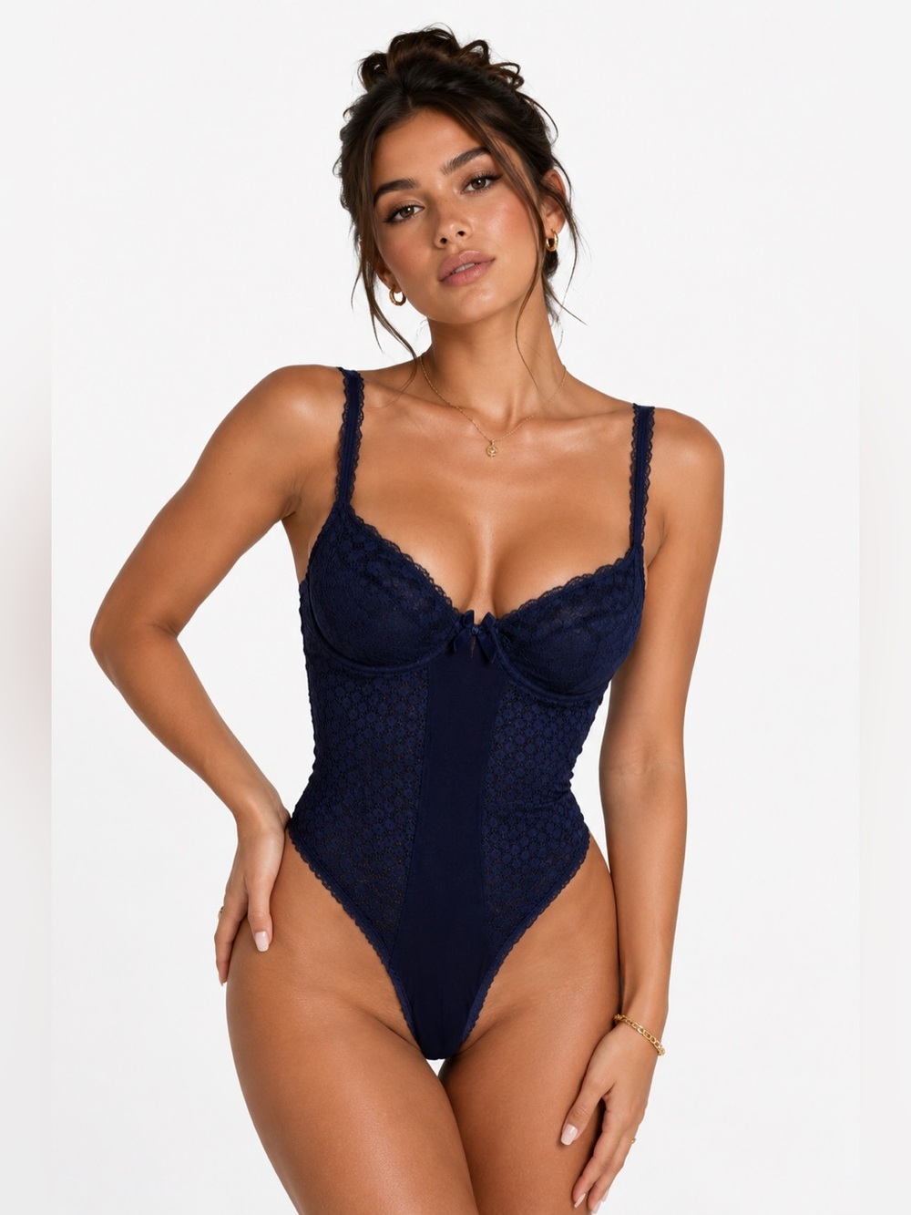 80s European Vintage Triumph Dot Lace Panel Bodysuit Lingerie Dark Blue Size S/M